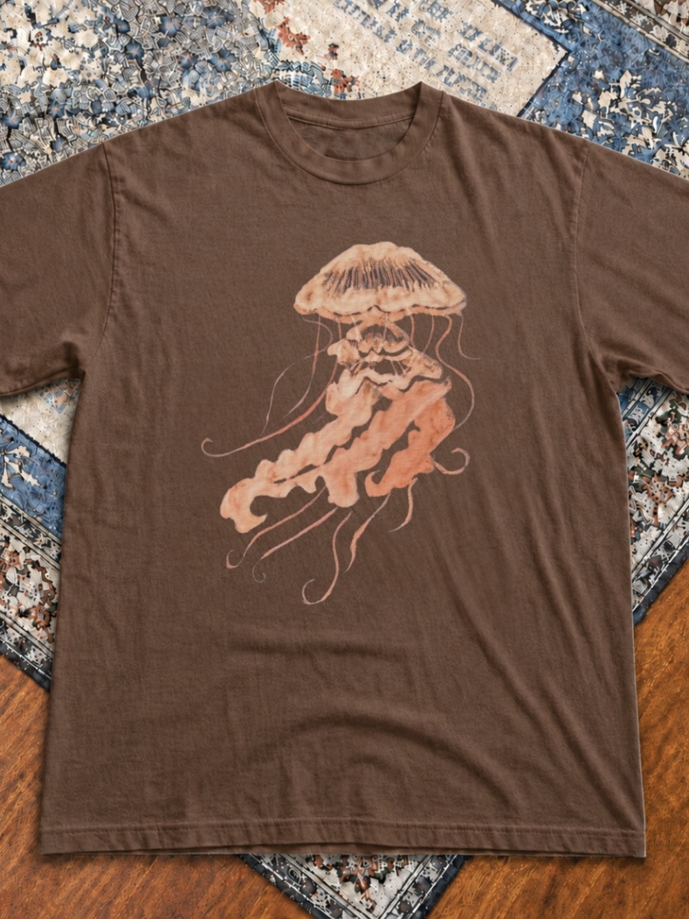 Gildan Brown Tee with Peach Jellyfish Graphic